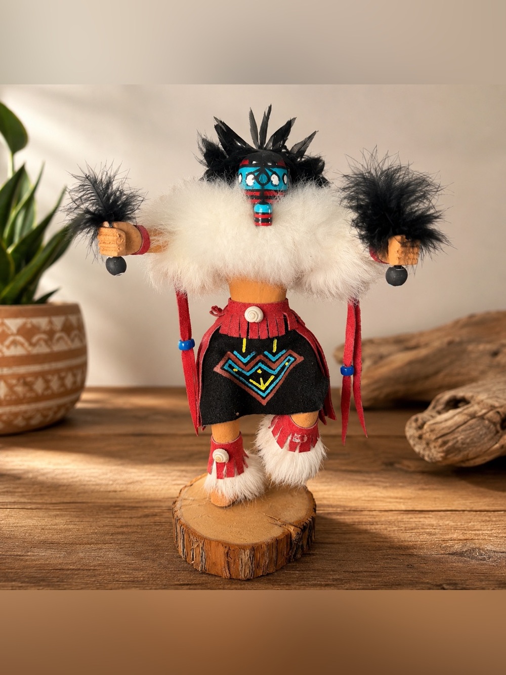 Vintage Kachina Doll Southwestern Native American Style Wood Feather Fur Decor